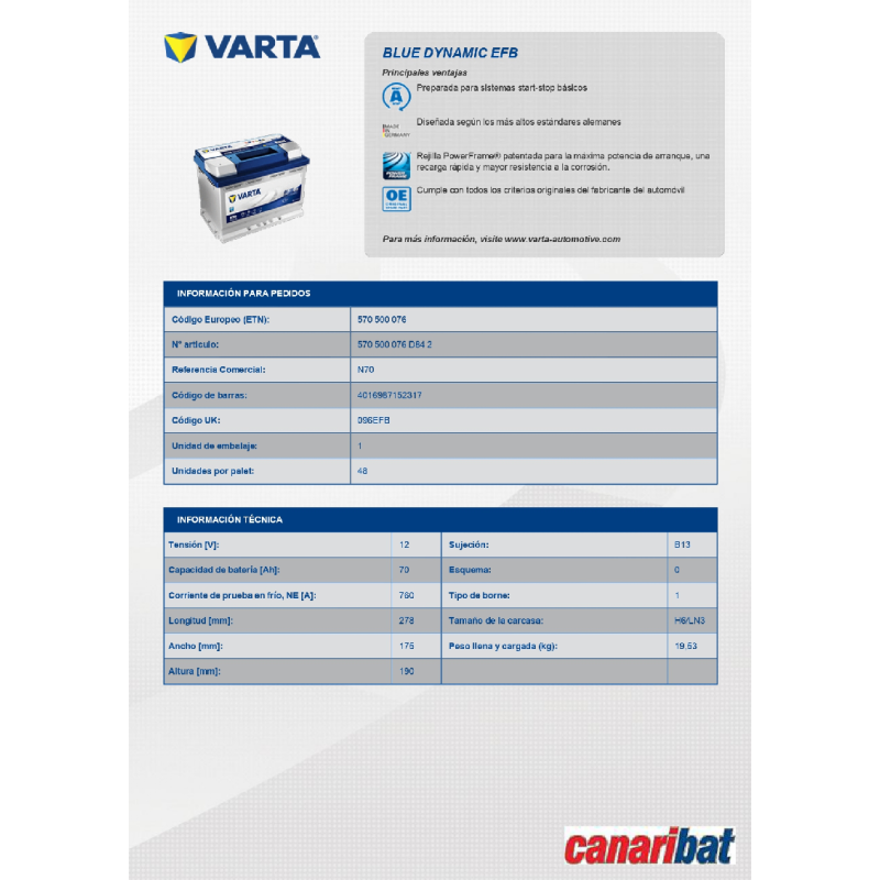 VARTA START STOP EFB (N70)12V 70AH 760A