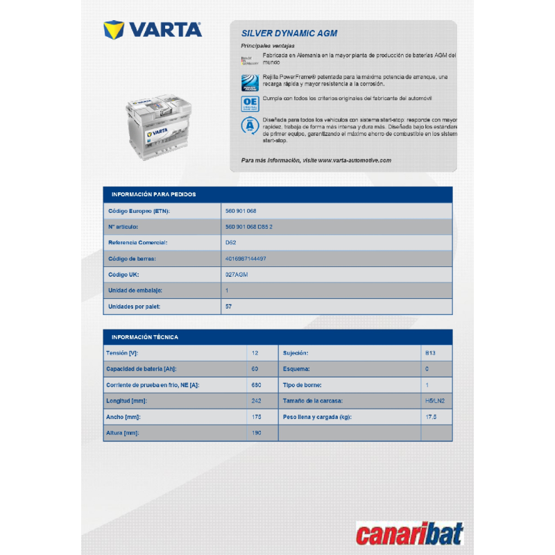 VARTA START-STOP (A8)12V 60AH 680A+D(D52