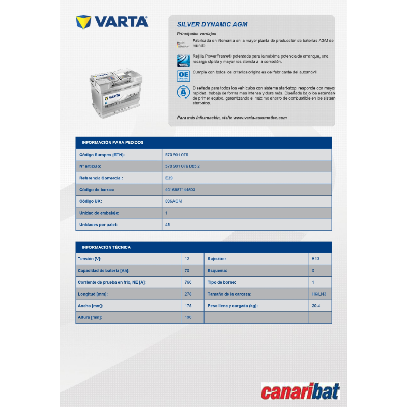 Batterie voiture Varta Start&Stop AGM E39 - 70Ah / 760A - 12V