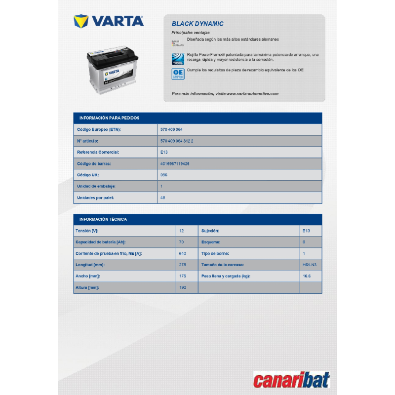 Varta Black Dynamic E13 - 12V - 70AH - 640A (EN), 105,00 €