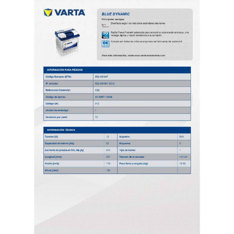 Varta C22 - 52Ah / 470A - Blue Dynamic